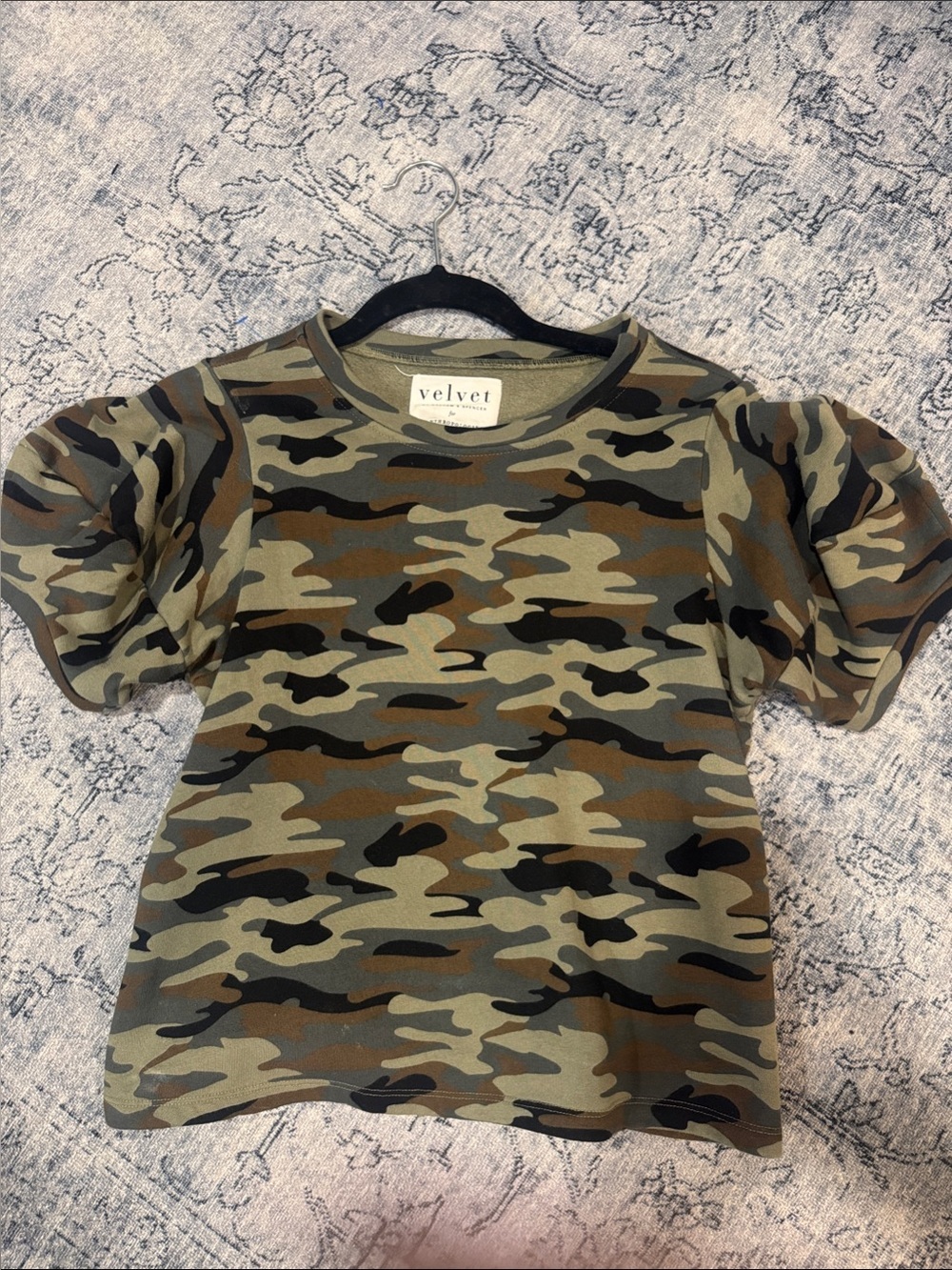 Anthropologie Velvet by Graham & Spencer Olive & Brown Camo Puff Sleeve Top